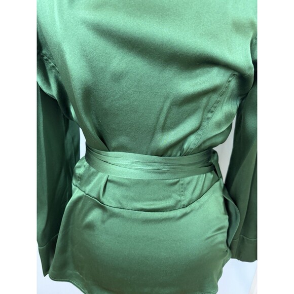 Diane von Furstenberg DVF Green Silk Blend Wrap Top Blouse Long Sleeve Sz 10 - Picture 12 of 14